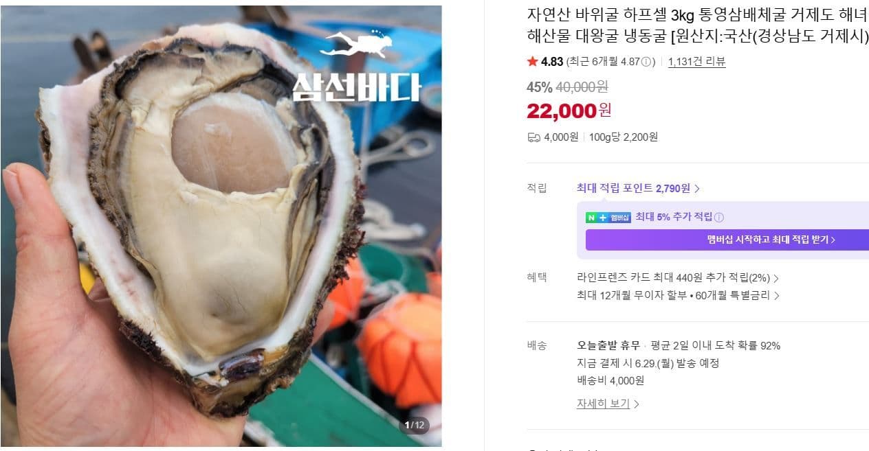 자연산 바위굴 하프셀 3kg