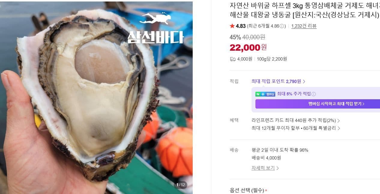자연산 바위굴 하프셀 3kg