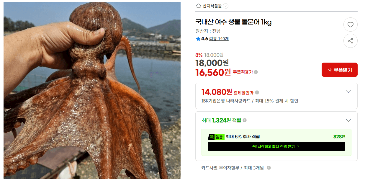 여수 생물 돌문어 1kg