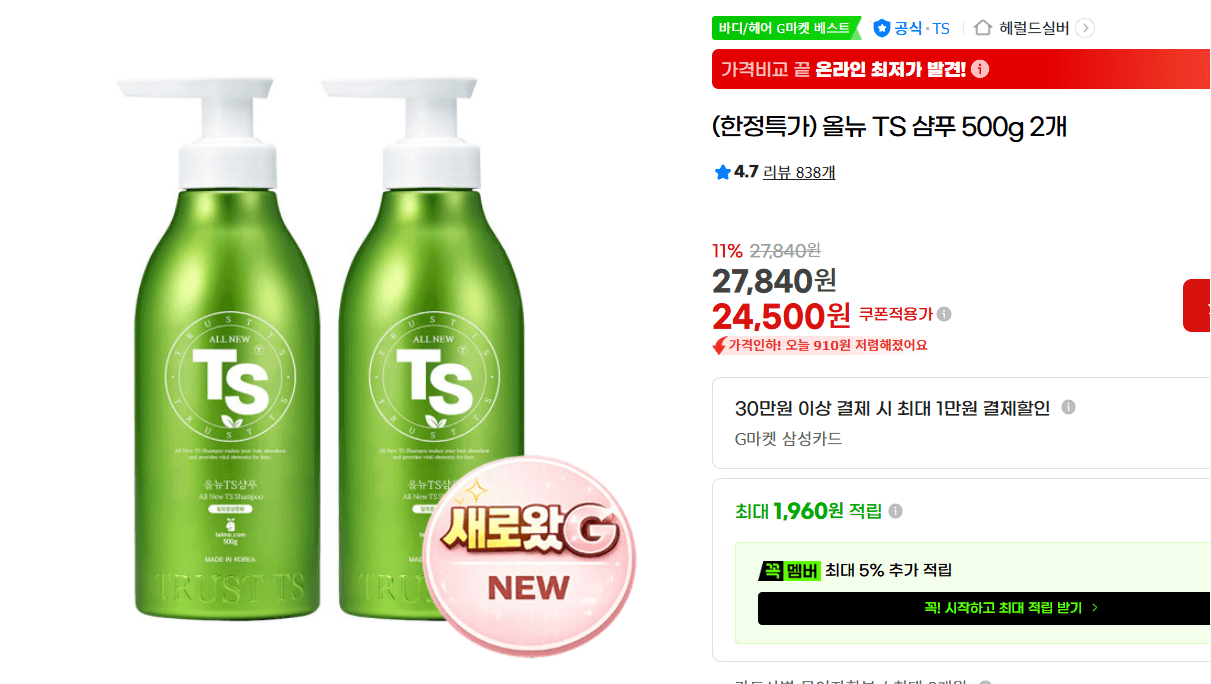 15(한정특가) 올뉴 TS 샴푸 500g 2개