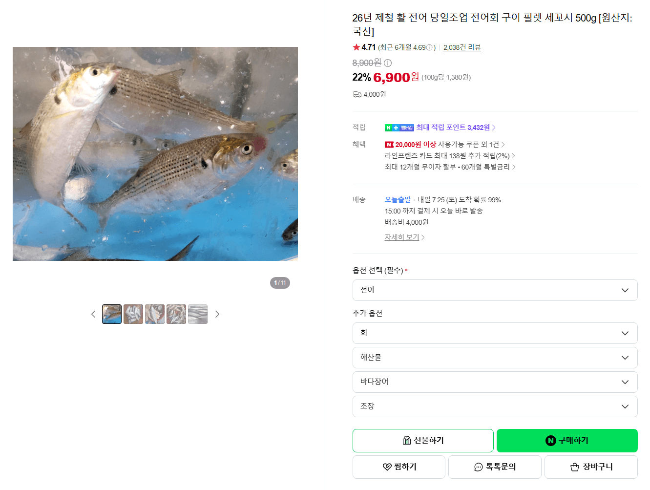 제철 활 전어 필렛 500g