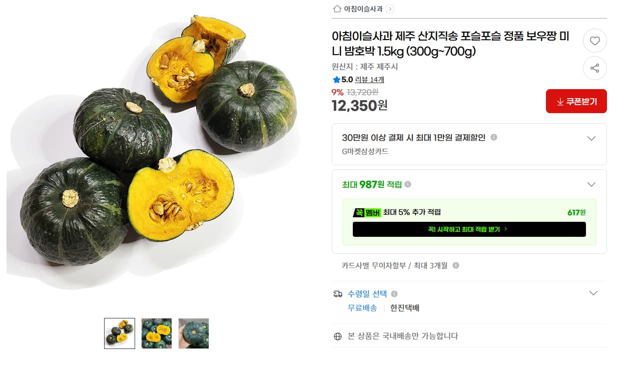 제주 햇 미니 밤호박 1.5kg