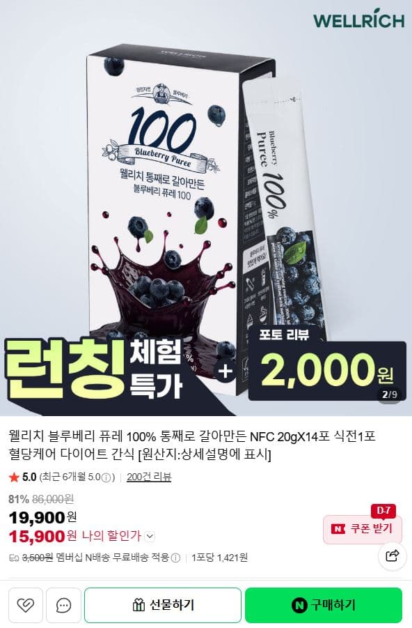 웰리치 블루베리 퓨레100