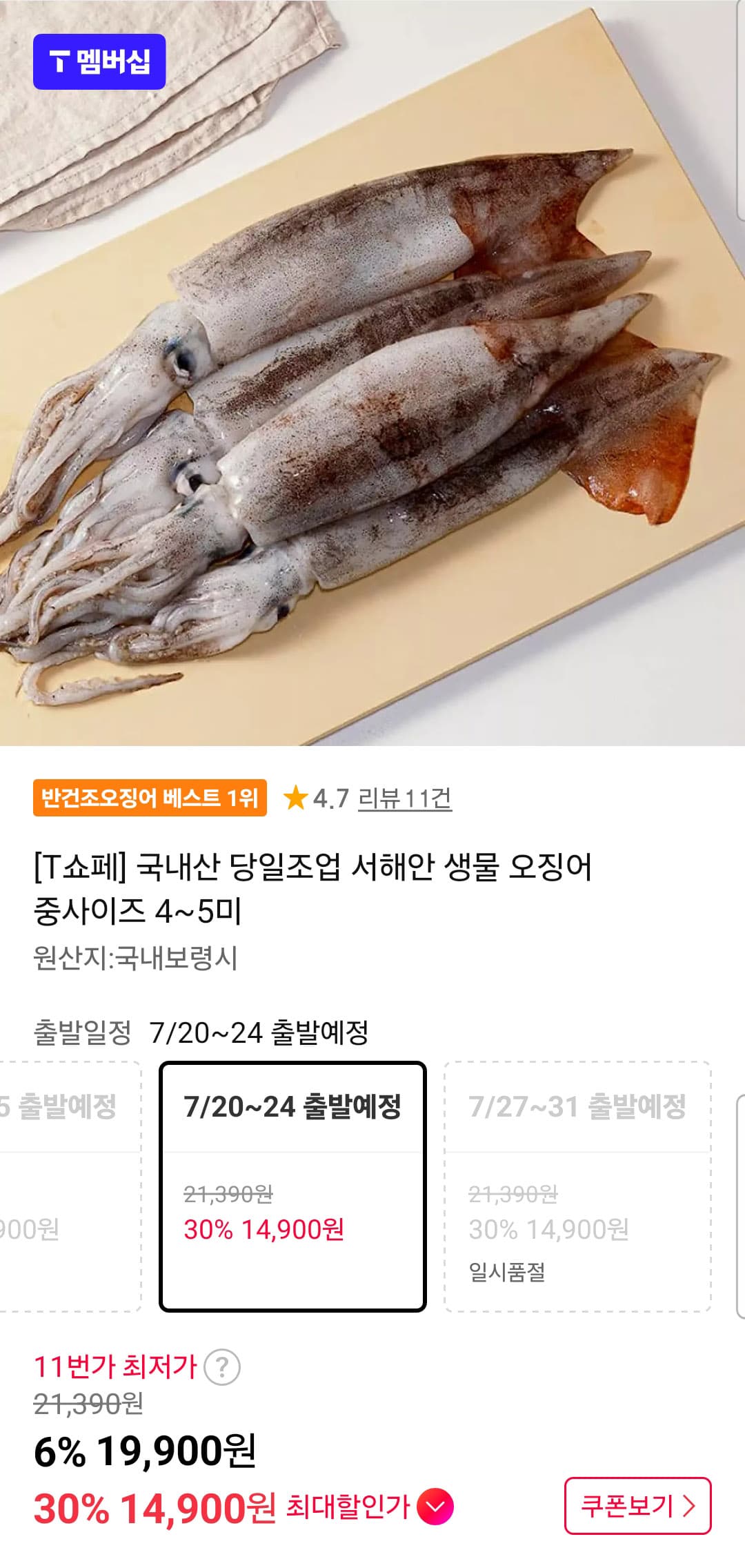 국내산 생물 오징어 4~5미