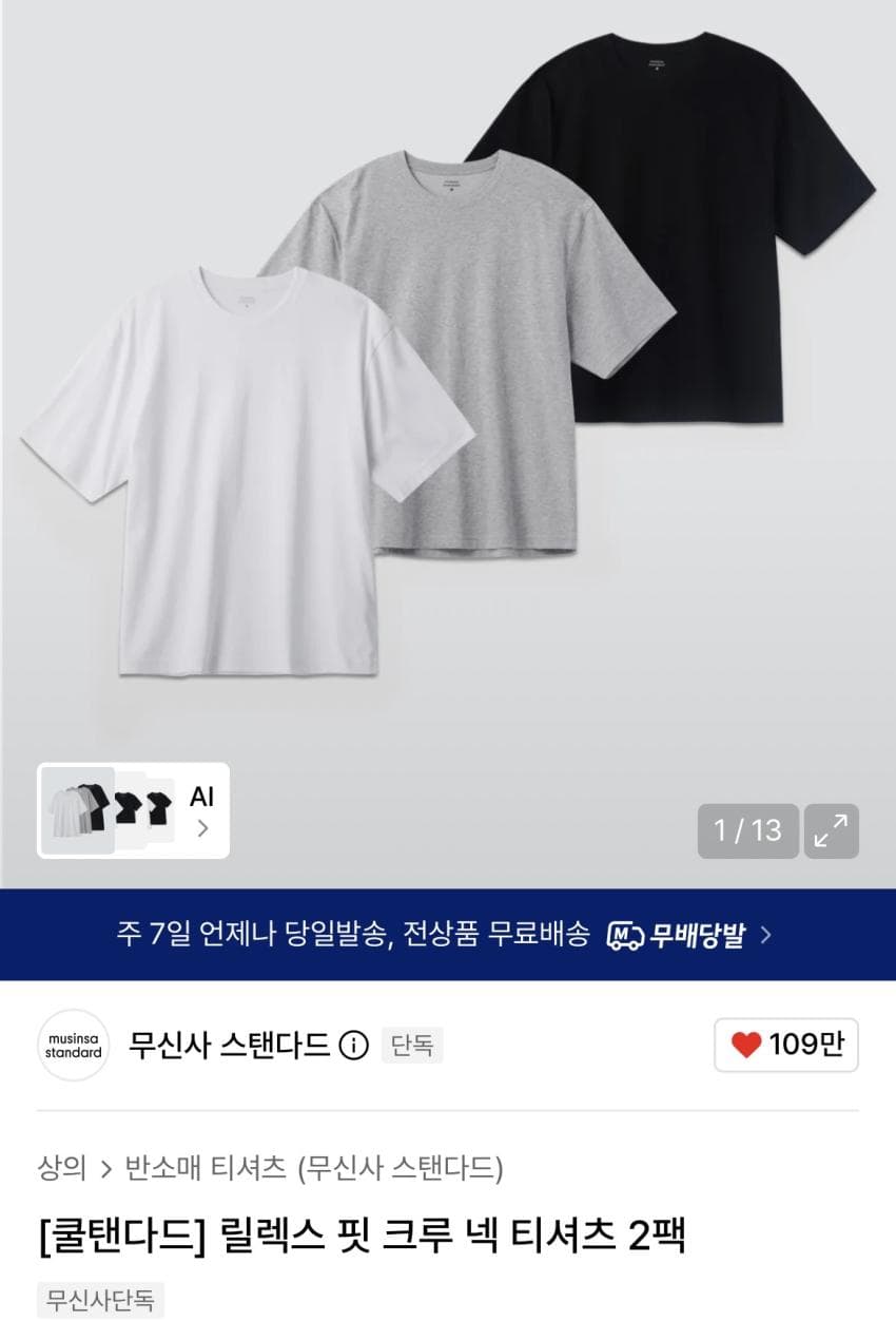 쿨탠다드 릴렉스 핏 크루 넥 티셔츠 2팩