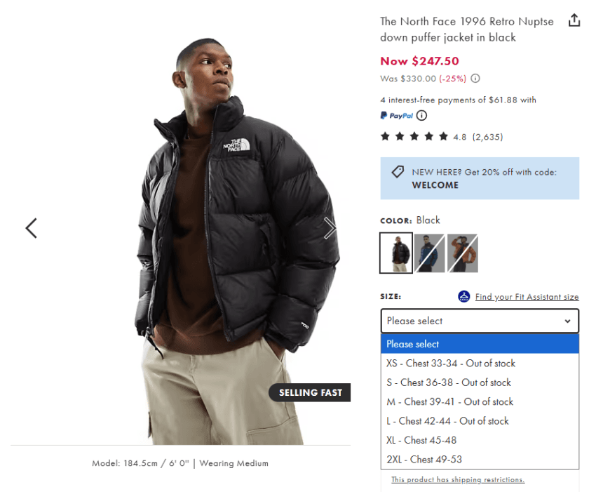 노스페이스 눕시 패딩 XL·2XL 185달러