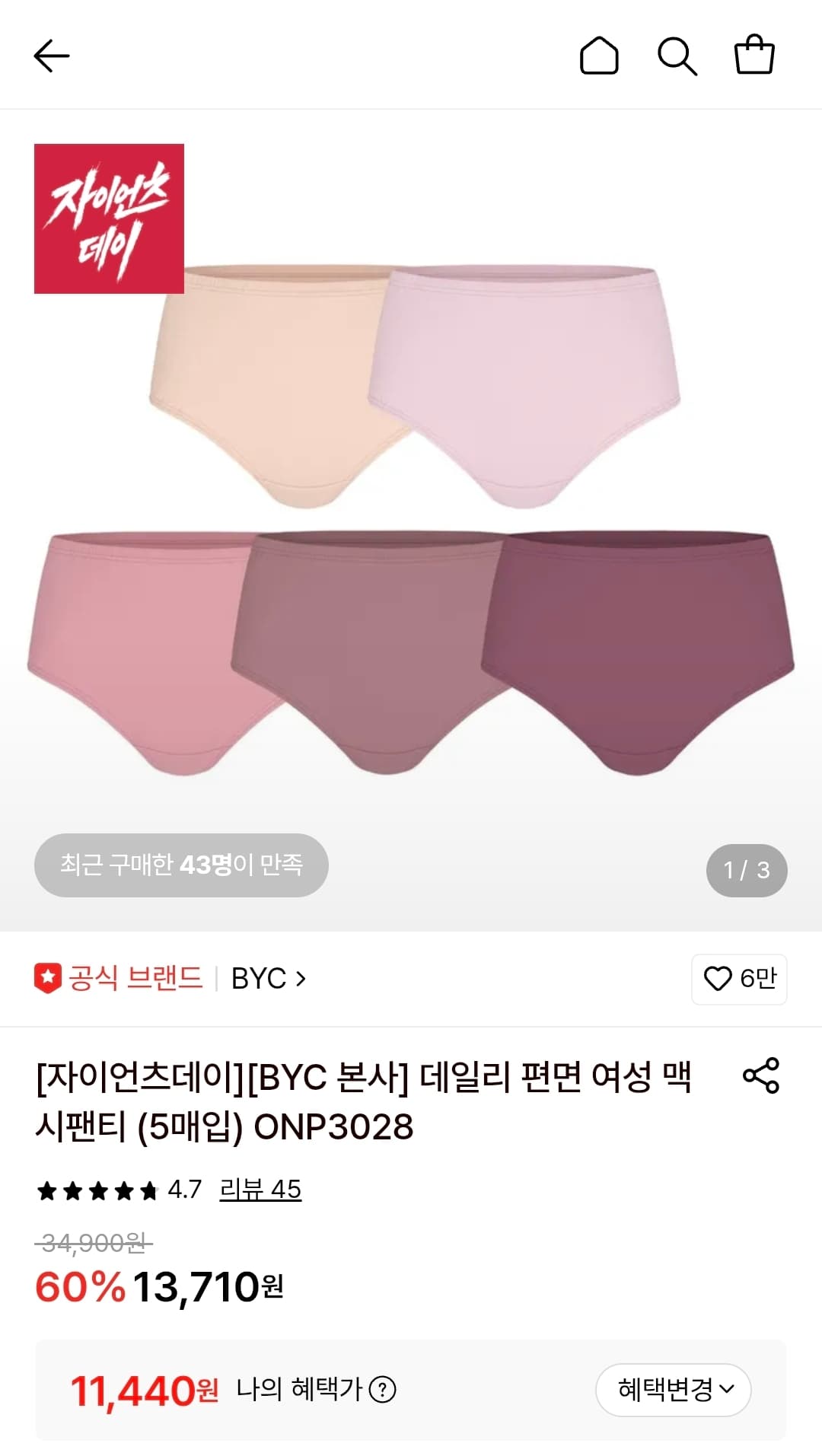 비와이씨 편면 맥시팬티 5장