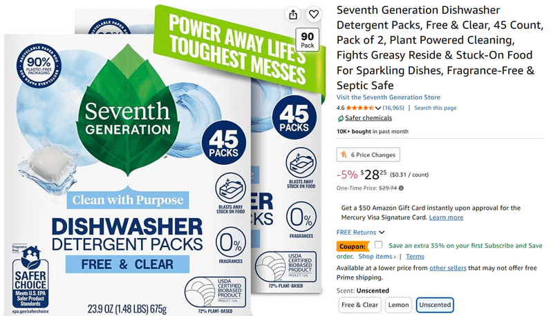Seventh Generation Dishwasher Detergent Pack of 2 tabs 45 count