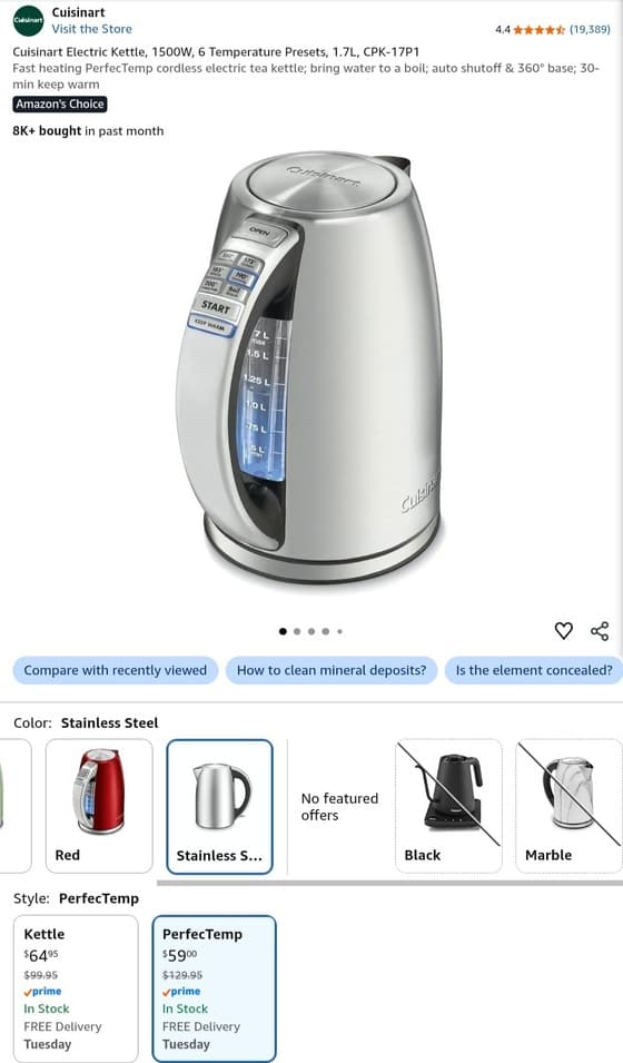 Cuisinart 1.7L 스테인리스 전기포트