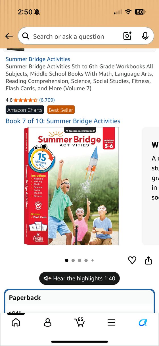 Amazon) Summer Bridge Activities 5th to 6th Grade Workbooks 8.48
