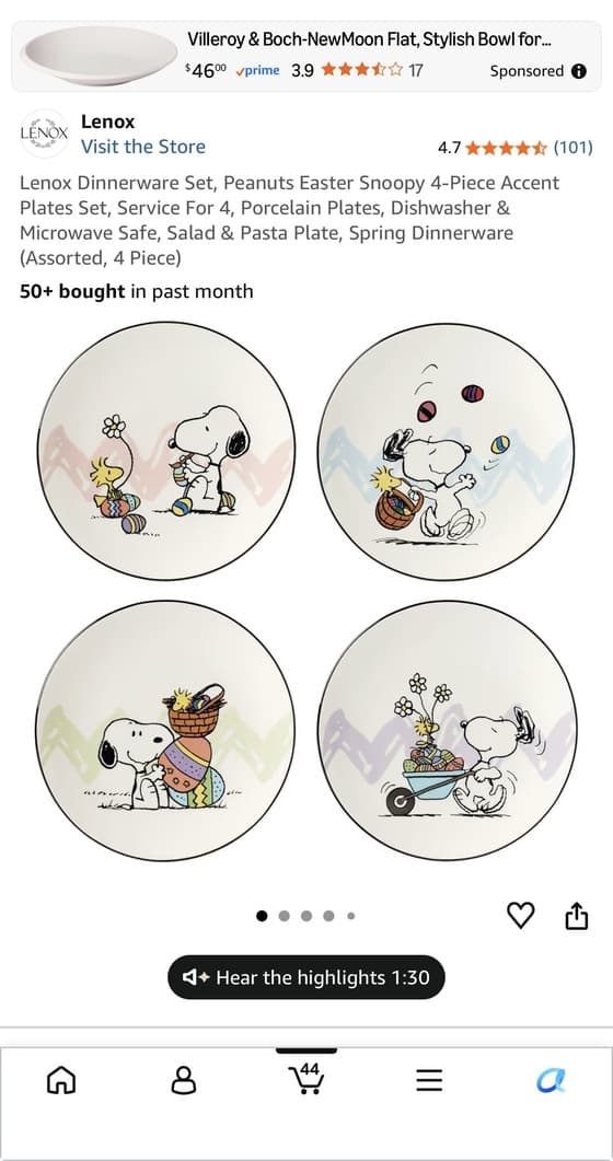 Lenox Peanuts 스누피 접시 4P