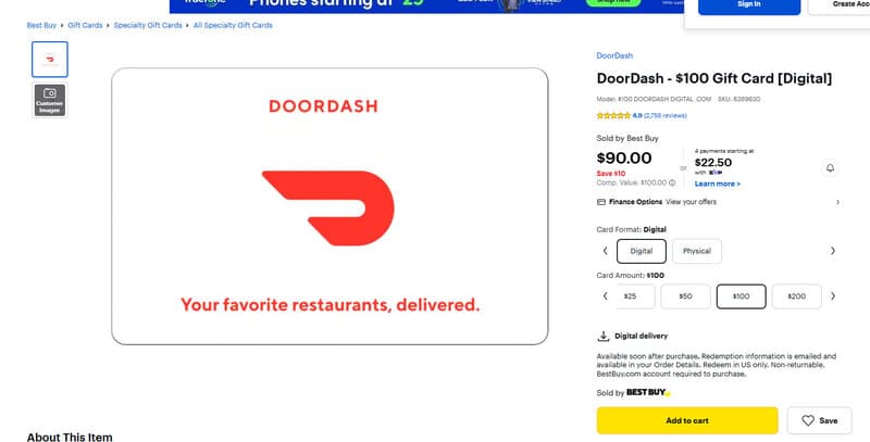 DoorDash $100 기프트카드