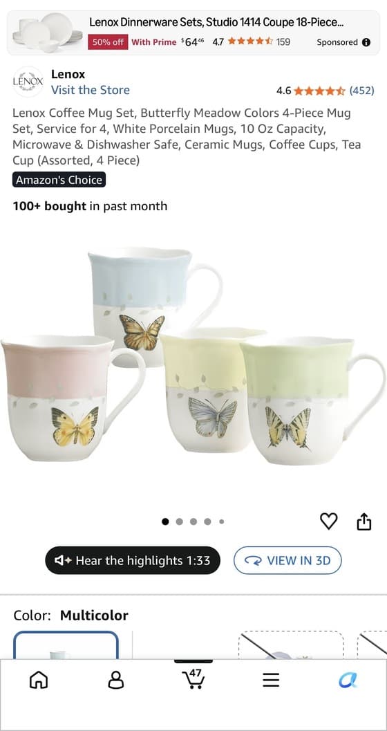 Lenox Butterfly Meadow 머그 4종