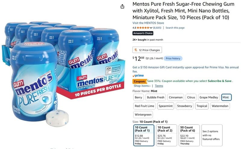 Mentos Pure Fresh Mint 껌 10팩