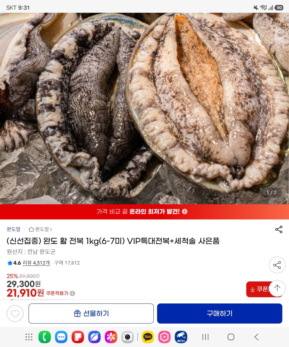 완도 활 전복 1kg