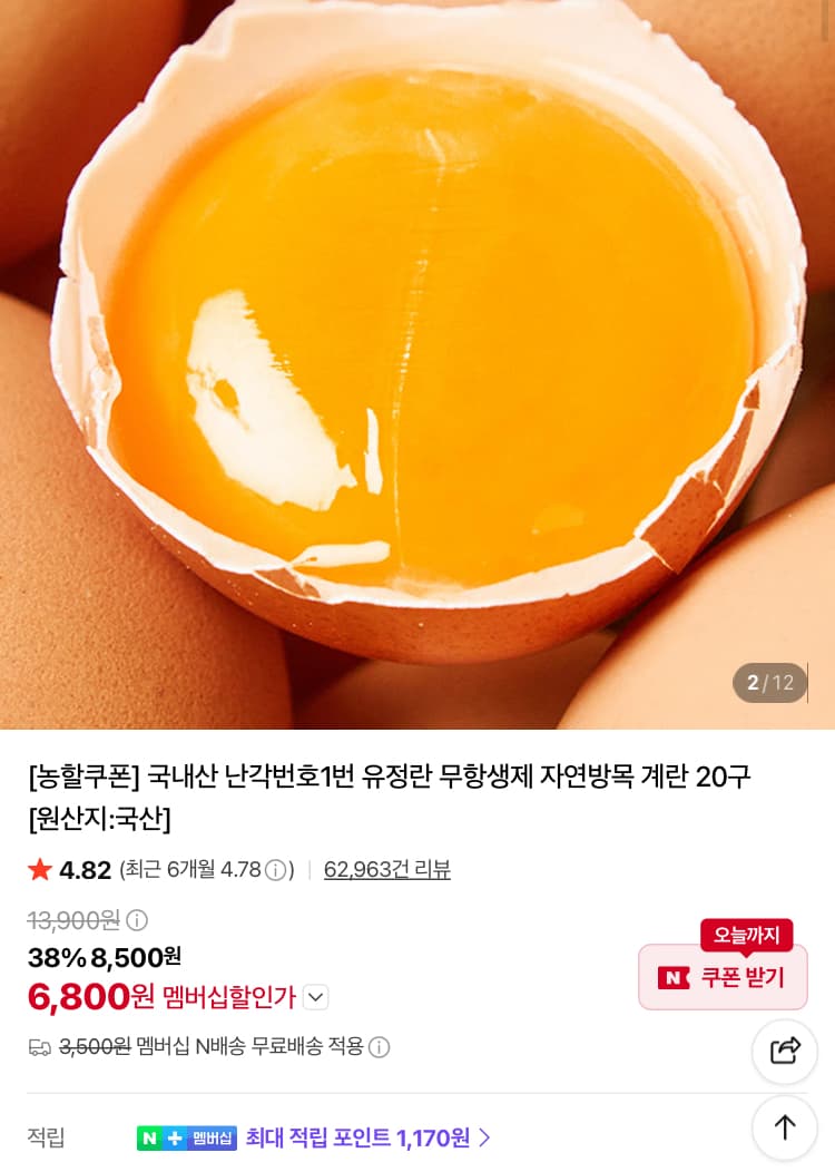무항생제 유정란 20구 6,800원