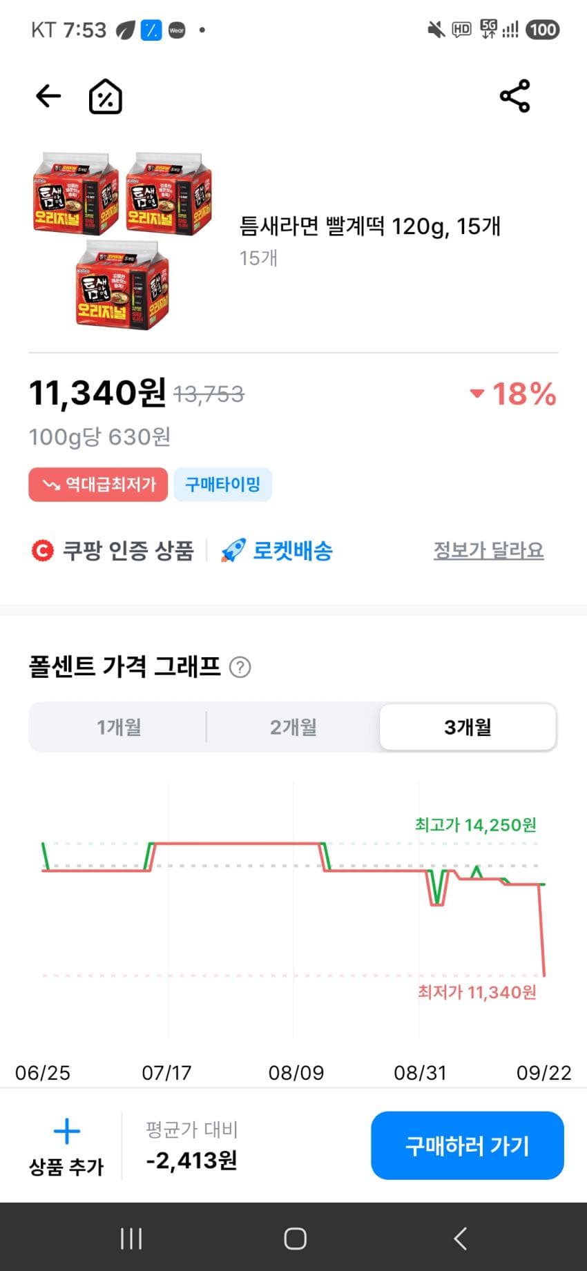 틈새라면 15개 11,340원