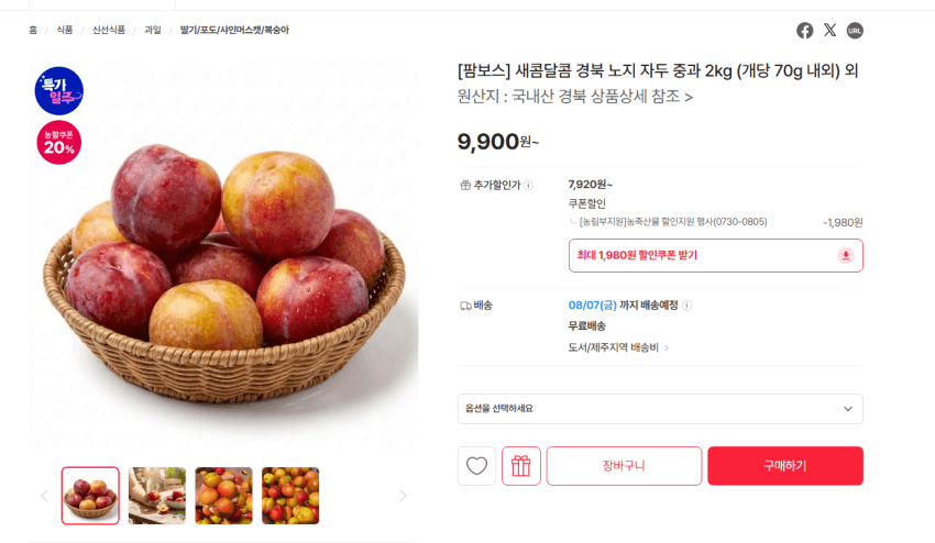 경북 노지 자두 중과 2kg