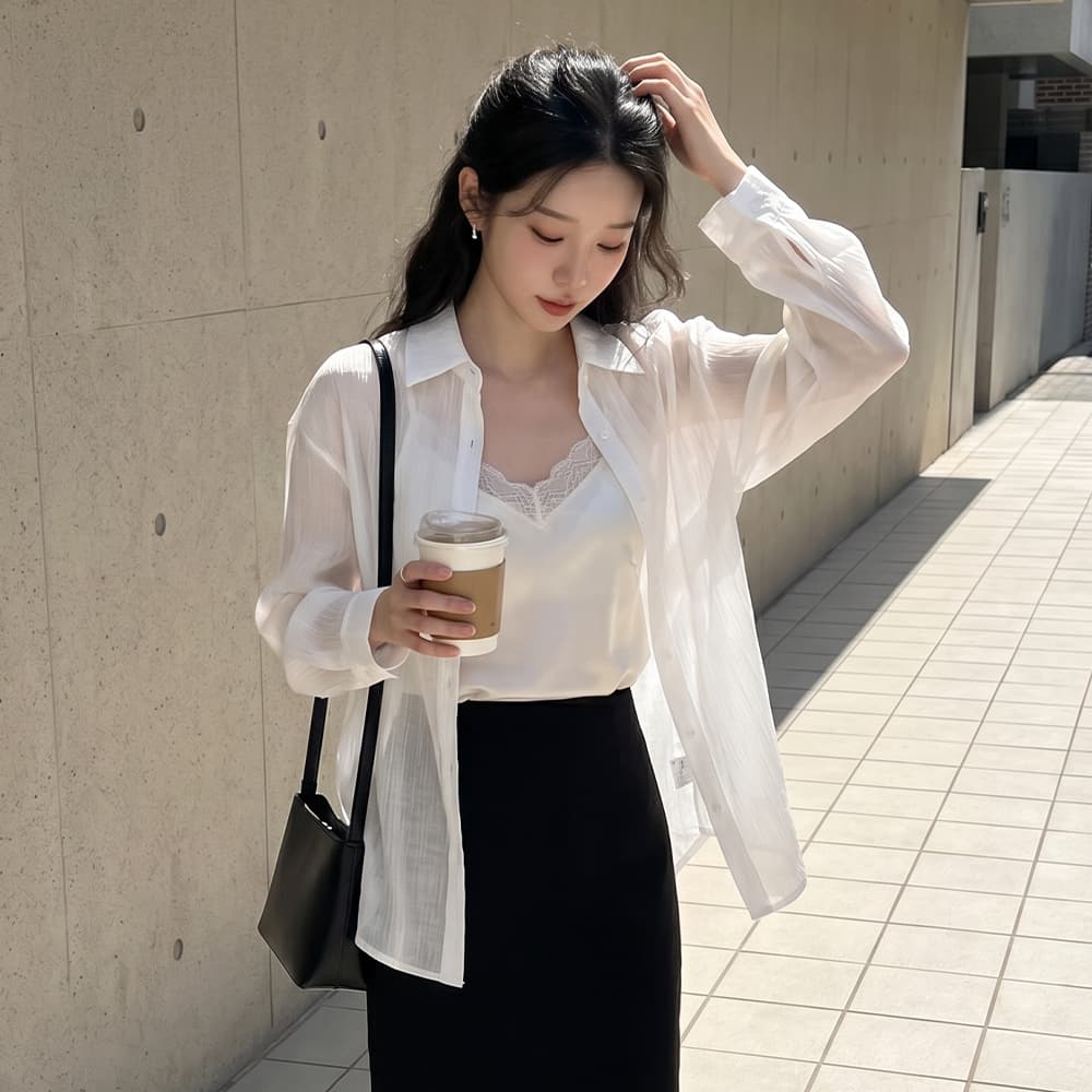 백 슬릿 리본 타이 시스루 셔츠