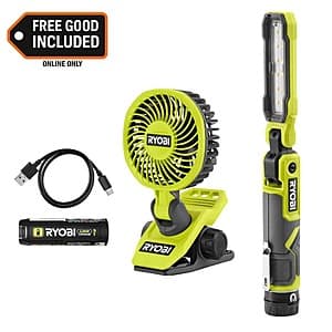 RYOBI USB 550루멘 충전식 점검용 플래시라이트 키트 & 무선 클램프 팬 $40 + 무료 배송