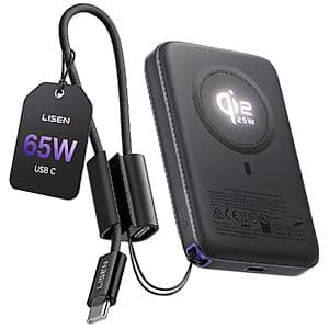 LISEN 10000mAh Qi2.2 25W Magnetic Wireless Power Bank (Black)