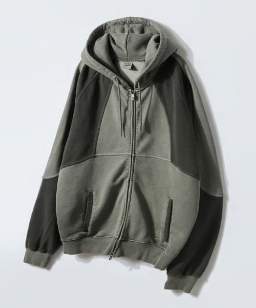 Pigment Color-Block Hooded Zip-Up Jacket Khaki