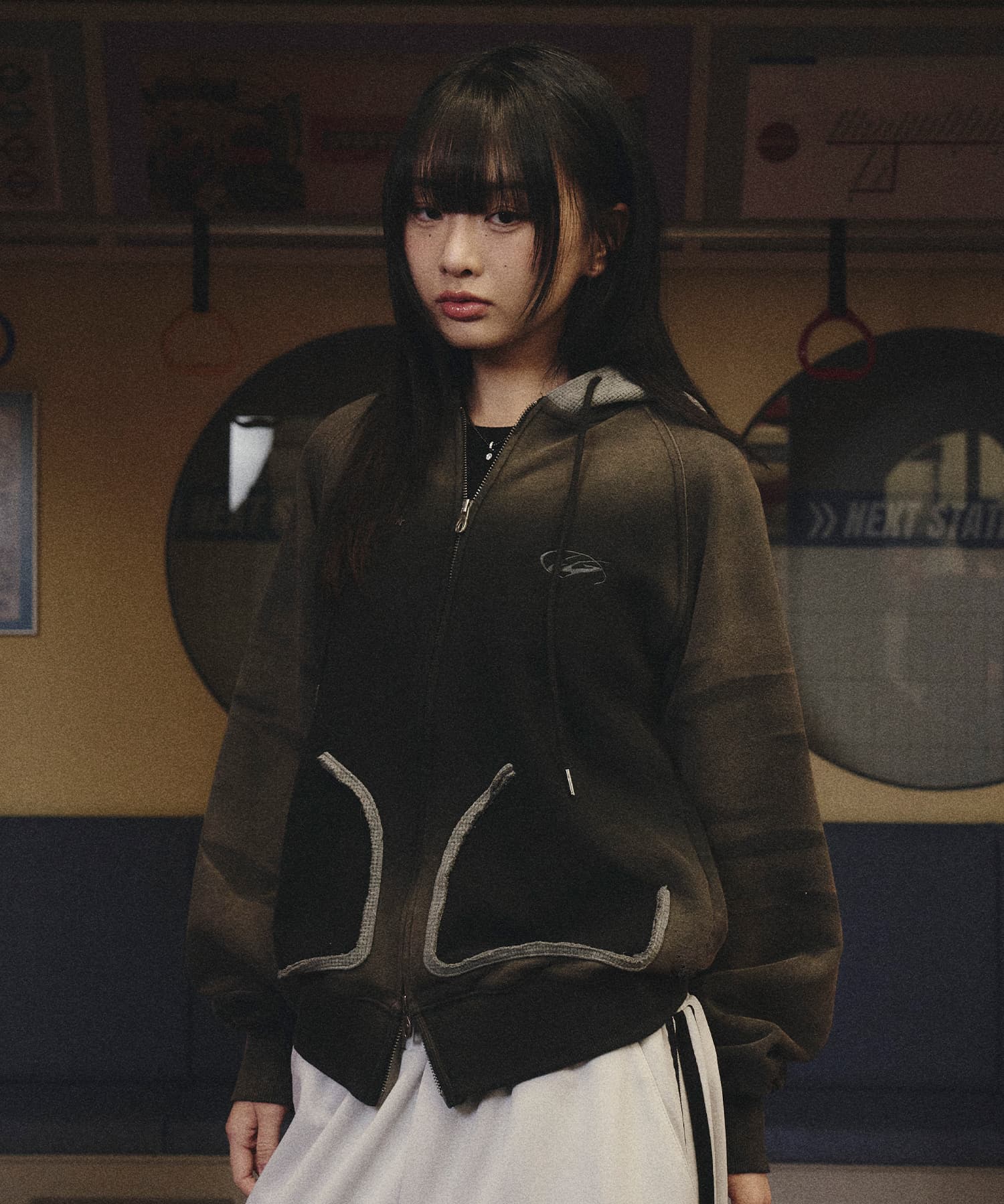 Washed Waffle Mix Hooded Zip-Up in Black
