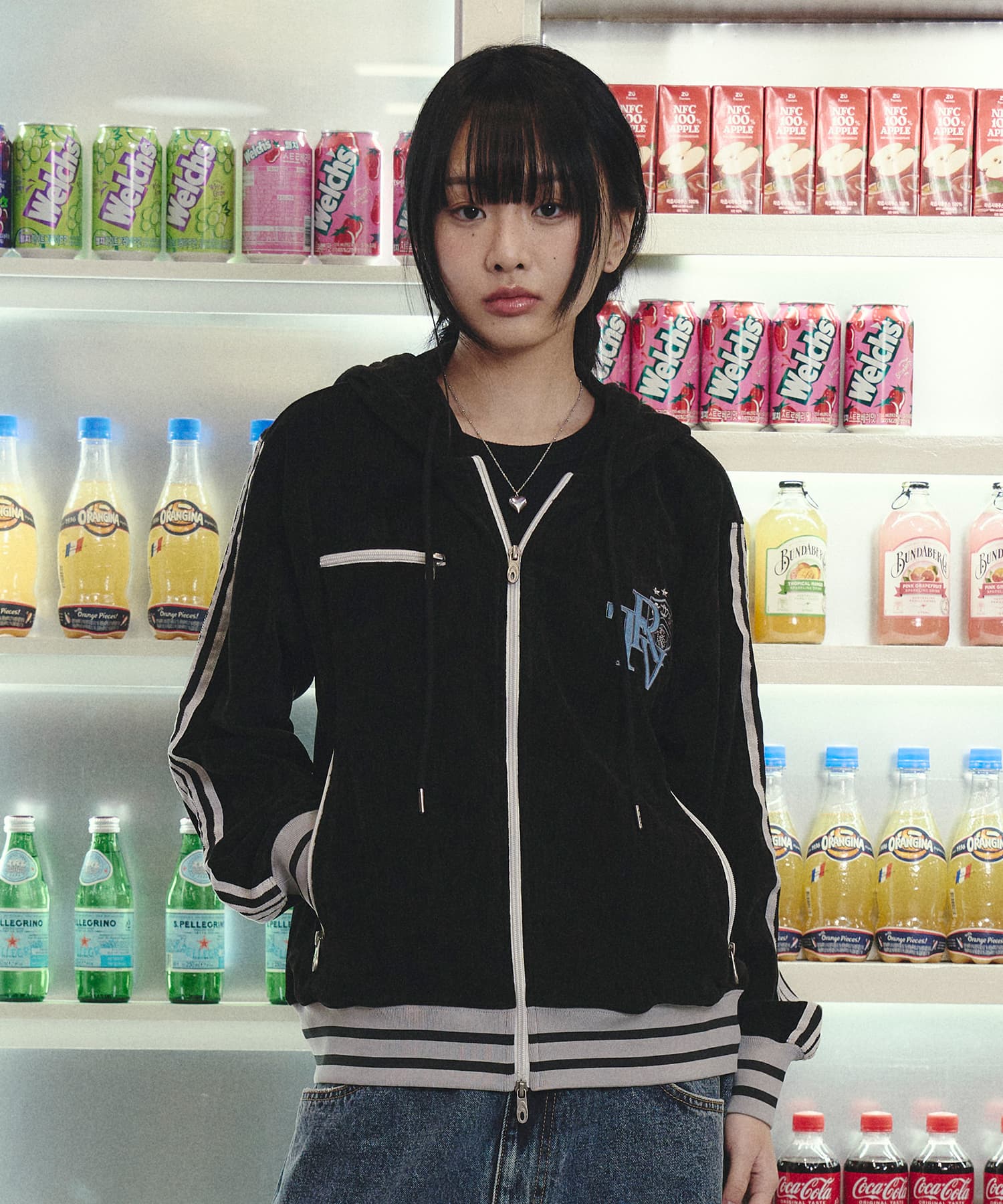Velour Zip-Up Track Hooded Jacket Black
