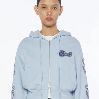 Vintage Ribbon Crop Hoodie Zip-up (sky blue)